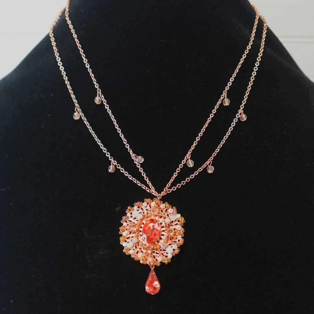 Avon Peach Paradise Rose Gold Tone Layered Medallion Necklace Double Strand
